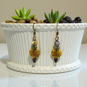 Golden Yellow Maple Leaf Earrings Czech Glass Copper